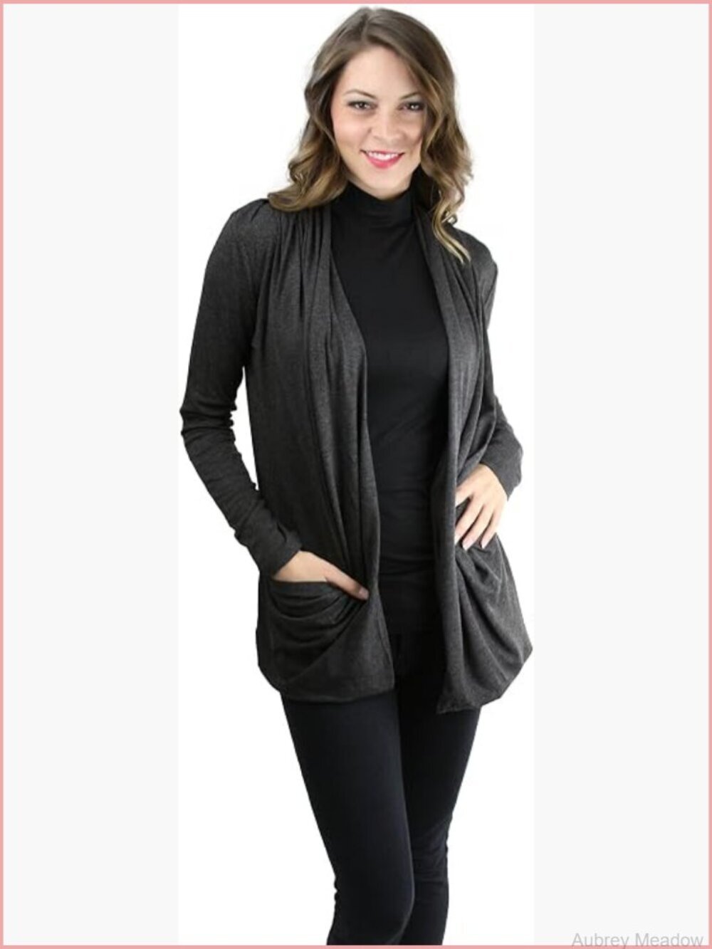 Long Sleeve Rib Banded Open Front Cardigan with Pockets - Picture 1 of 4
